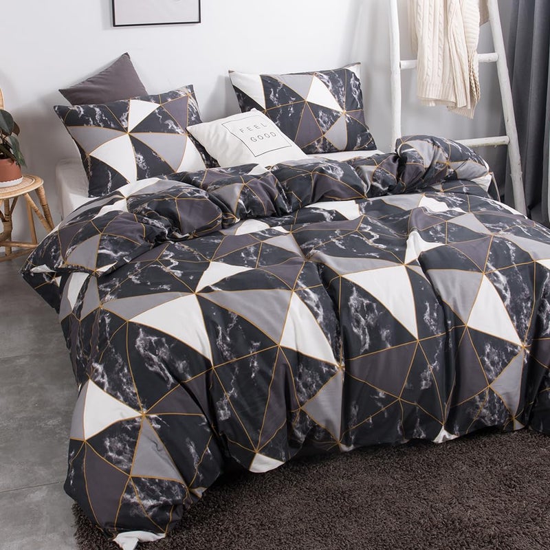 CLOTHKNOW Black White Marble King Size Comforter Set 3Pcs Triangle Plaid Bedding Comforter Set All Season Geometric Comforter - Image 2